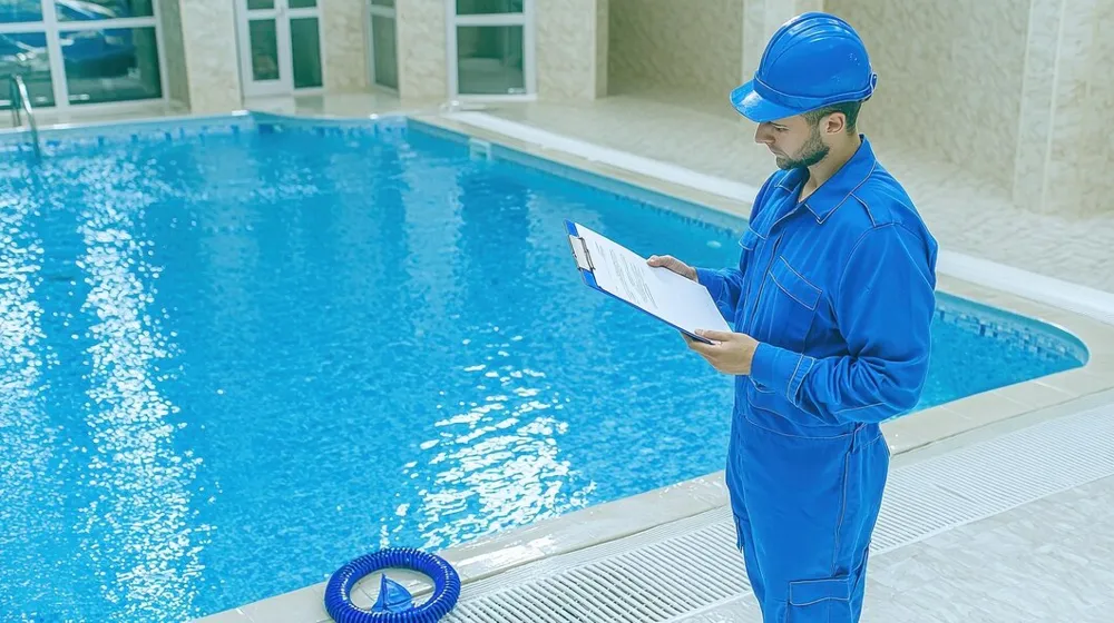 Pool technician with a clipboard inspecting a pool